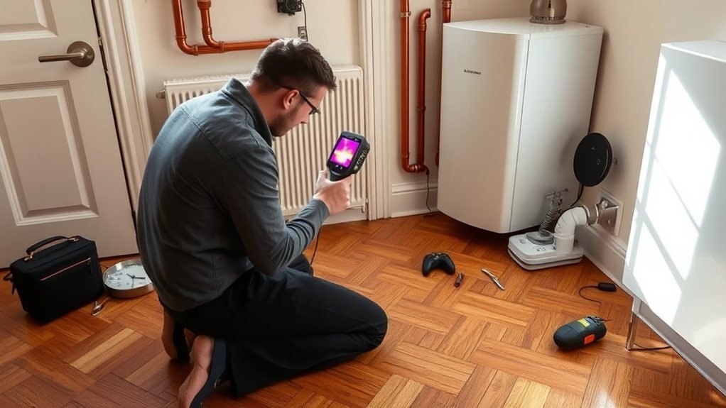 Engineer locating central heating leak using thermal imaging in Holloway